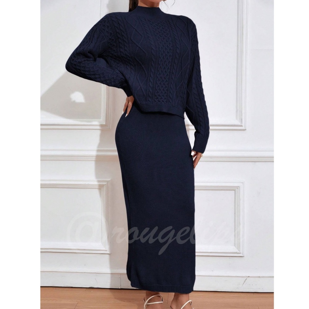 2 Piece Knit Skirt Set Navy Blue Long Skirt & Cable Knit Sweater - Picture 3 of 8